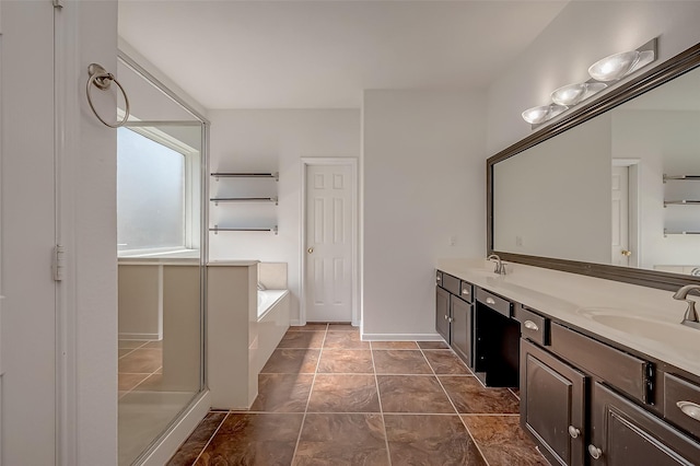 bathroom with separate shower and tub and vanity