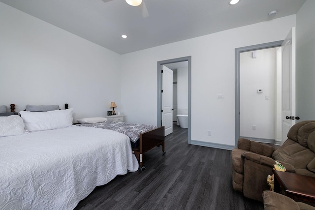 bedroom featuring ensuite bath, ceiling fan, and dark wood-type flooring