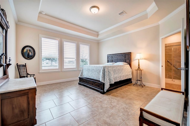 bedroom with a tray ceiling, crown molding, and light tile patterned floors