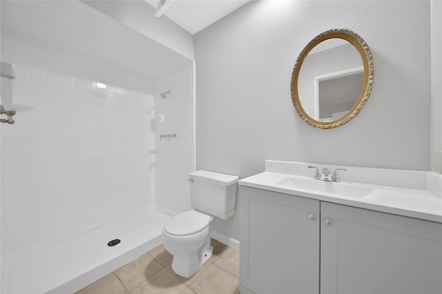 bathroom featuring tile patterned floors, vanity, toilet, and walk in shower