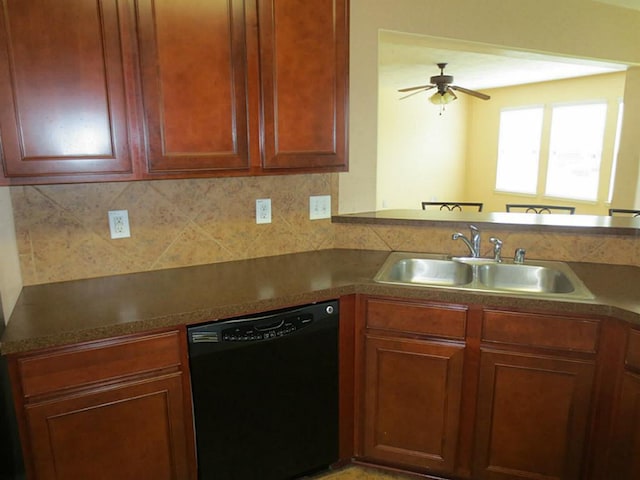 kitchen with ceiling fan, sink, black dishwasher, kitchen peninsula, and decorative backsplash