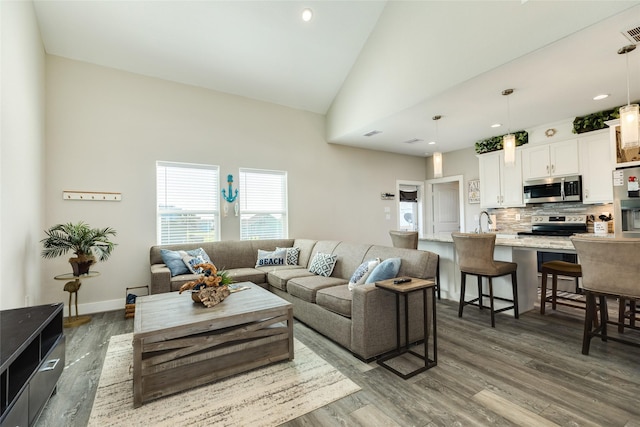 living room featuring hardwood / wood-style flooring, high vaulted ceiling, and sink