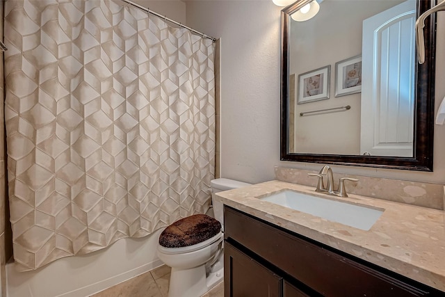 full bathroom featuring tile patterned floors, vanity, shower / bath combination with curtain, and toilet