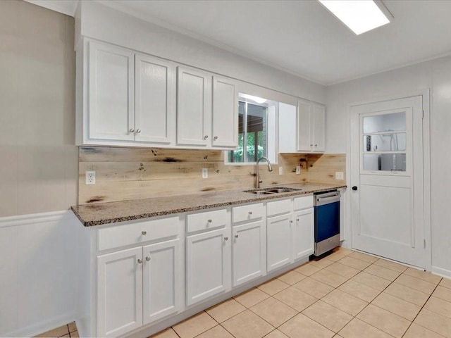 kitchen featuring stone counters, sink, stainless steel dishwasher, decorative backsplash, and white cabinets