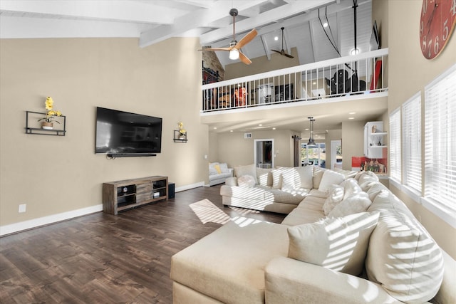 living room with hardwood / wood-style floors, ceiling fan, beam ceiling, and high vaulted ceiling