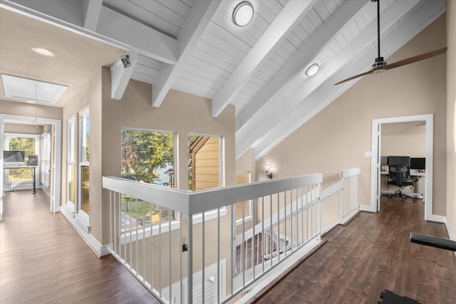 corridor featuring lofted ceiling with beams and dark wood-type flooring