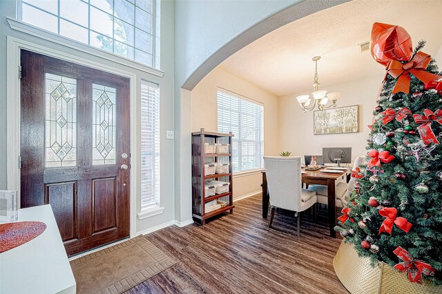 entrance foyer with a chandelier, hardwood / wood-style flooring, and a healthy amount of sunlight