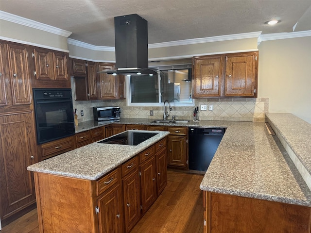 kitchen with a center island, sink, island range hood, and black appliances