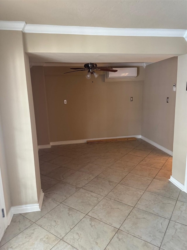 spare room with a wall unit AC, ceiling fan, and crown molding