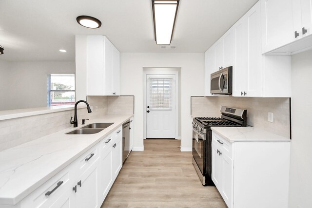 kitchen with white cabinets, decorative backsplash, sink, and stainless steel appliances