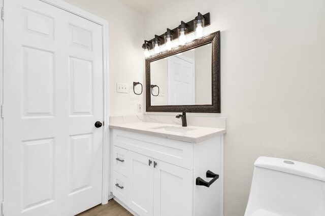 bathroom featuring vanity, wood-type flooring, and toilet