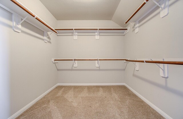 walk in closet featuring carpet floors and lofted ceiling