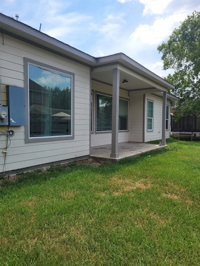 back of house featuring a trampoline, a patio, and a yard