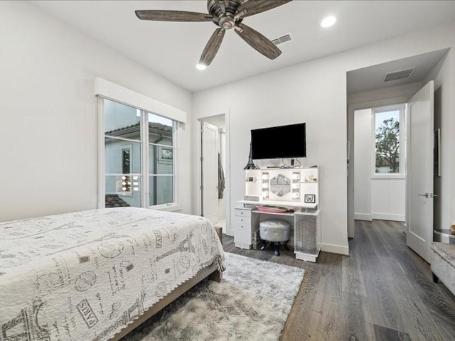 bedroom featuring ceiling fan, dark hardwood / wood-style floors, connected bathroom, and multiple windows