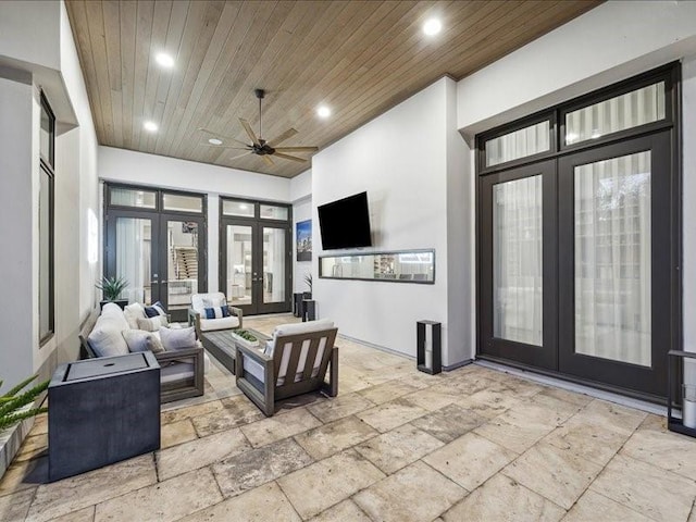 view of patio / terrace with ceiling fan, french doors, and an outdoor hangout area