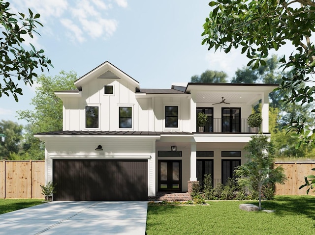 view of front of house with a garage, a balcony, a front yard, and ceiling fan