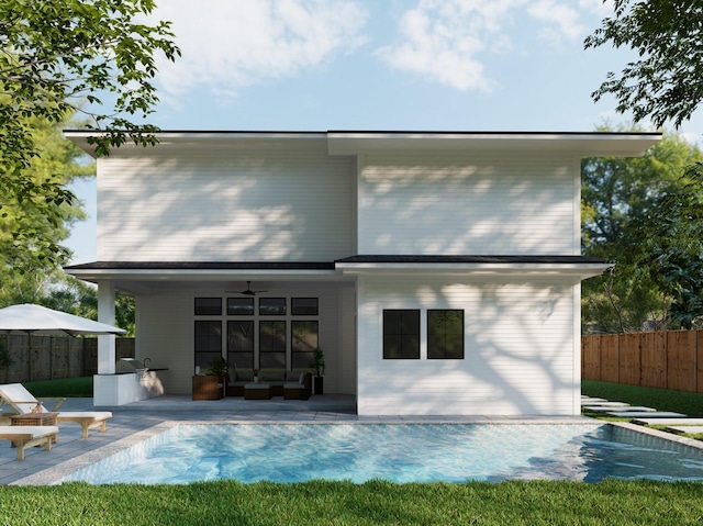 back of property featuring an outdoor living space, a fenced in pool, ceiling fan, and a patio area