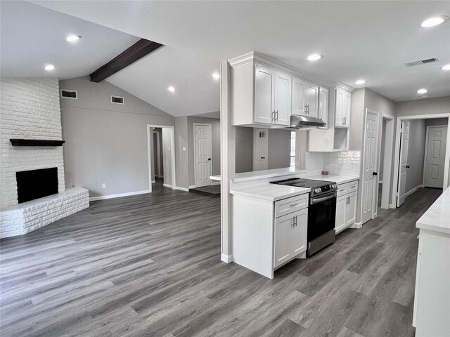 kitchen featuring white cabinetry, backsplash, wood-type flooring, stainless steel electric stove, and a fireplace