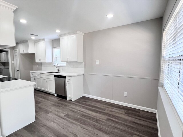 kitchen with dishwasher, decorative backsplash, white cabinetry, and dark wood-type flooring