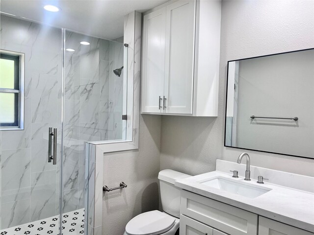 bathroom with vanity, a shower with shower door, and toilet