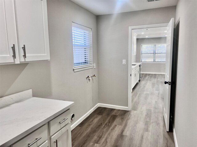 clothes washing area featuring cabinets and hardwood / wood-style floors