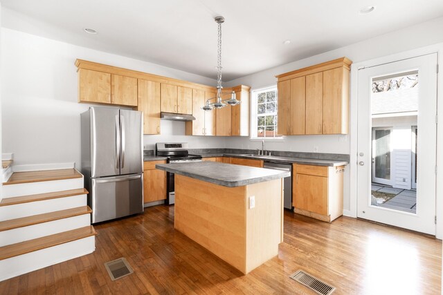 kitchen featuring sink, hanging light fixtures, stainless steel appliances, dark hardwood / wood-style floors, and a kitchen island