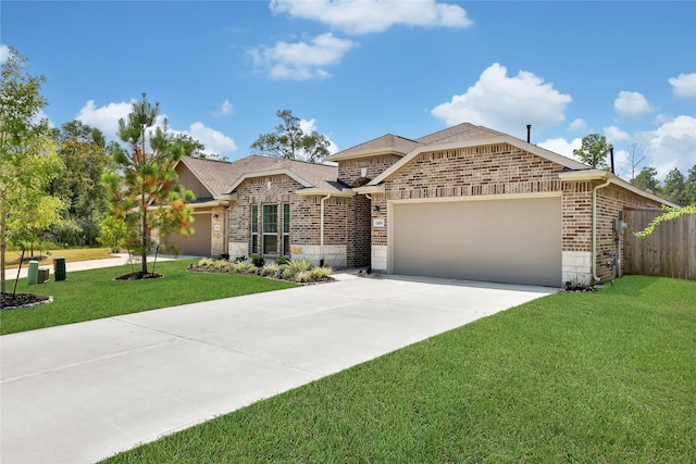 single story home featuring a front yard and a garage