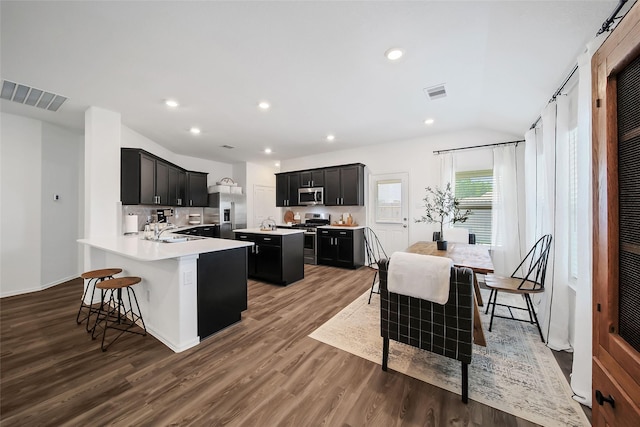 kitchen featuring sink, dark wood-type flooring, stainless steel appliances, a kitchen breakfast bar, and kitchen peninsula