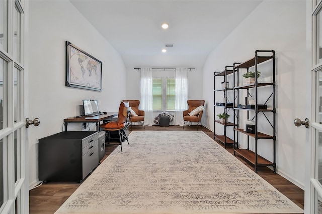 office with french doors, dark hardwood / wood-style flooring, and lofted ceiling