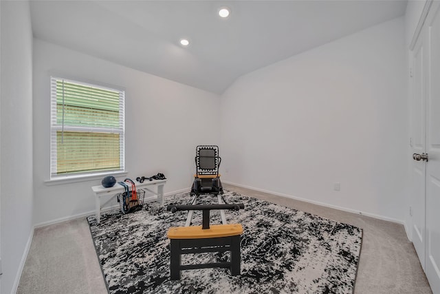 living area with light colored carpet and lofted ceiling