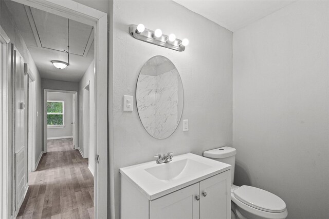 bathroom with hardwood / wood-style flooring, vanity, and toilet