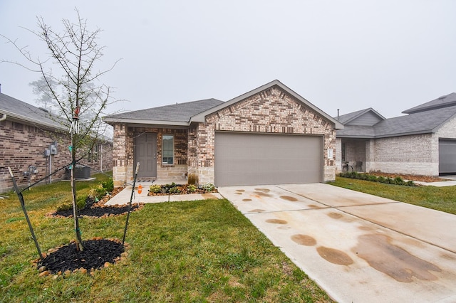 single story home featuring cooling unit, a garage, and a front yard