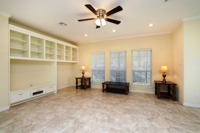 sitting room with crown molding and ceiling fan