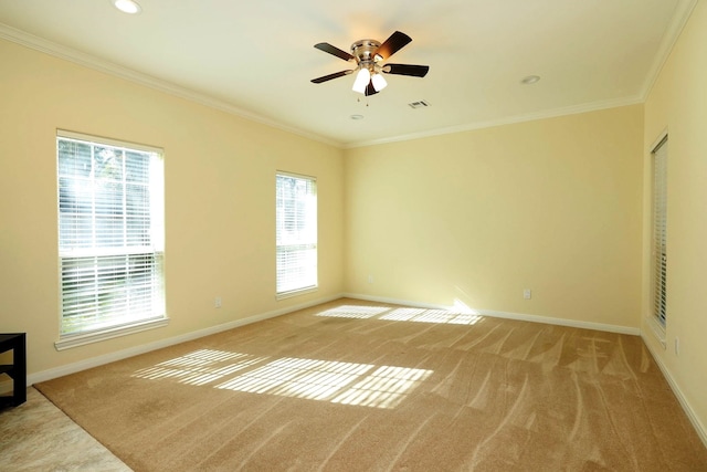 carpeted spare room with ceiling fan, a healthy amount of sunlight, and ornamental molding