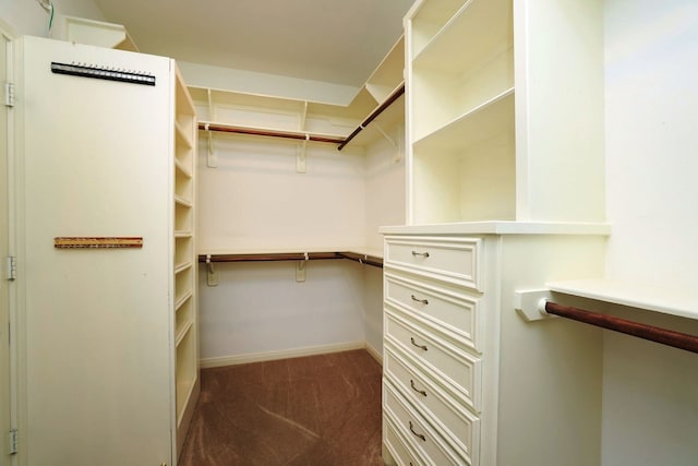 spacious closet with dark colored carpet