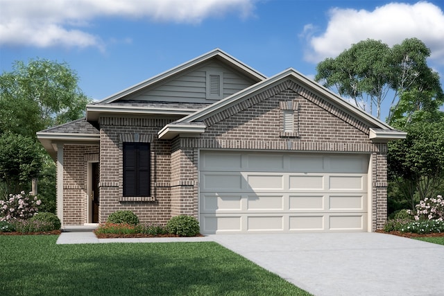 single story home featuring concrete driveway, an attached garage, brick siding, and a front lawn