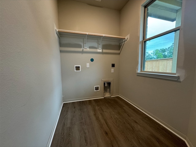 laundry area featuring hookup for an electric dryer, baseboards, hookup for a washing machine, dark wood-style flooring, and laundry area