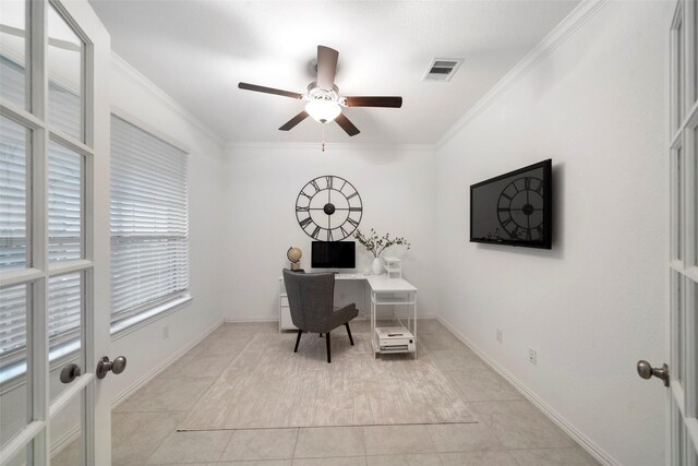 tiled office featuring crown molding and ceiling fan