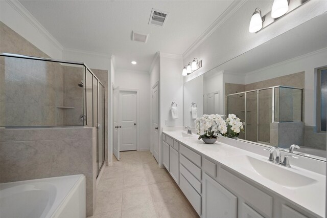 bathroom with independent shower and bath, vanity, tile patterned floors, and ornamental molding