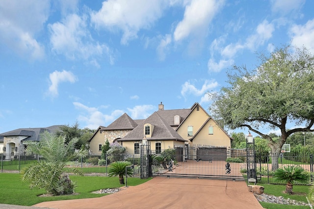 french country inspired facade featuring a front yard