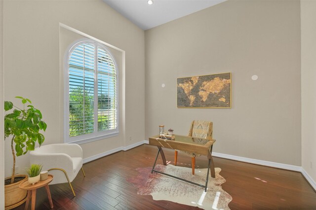 office area with a wealth of natural light and dark hardwood / wood-style flooring