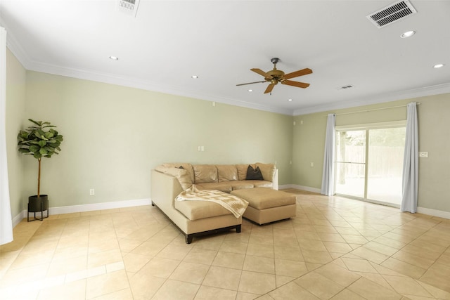 living room featuring ceiling fan, light tile patterned floors, and ornamental molding