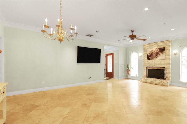 unfurnished living room with light tile patterned floors, ceiling fan with notable chandelier, a brick fireplace, and ornamental molding