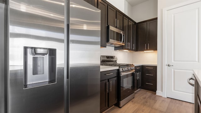 kitchen with backsplash, dark brown cabinetry, light hardwood / wood-style floors, and appliances with stainless steel finishes