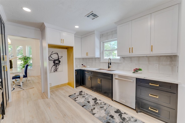 kitchen featuring backsplash, a wealth of natural light, white cabinetry, and dishwasher