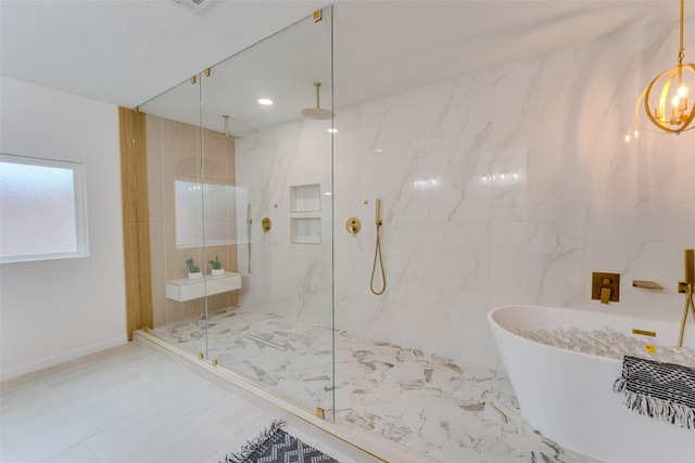 bathroom featuring shower with separate bathtub