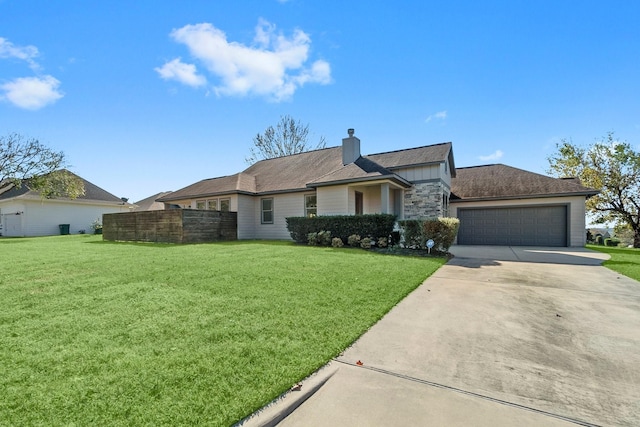 single story home featuring a front yard and a garage