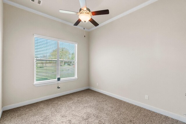 spare room with carpet, ceiling fan, and crown molding