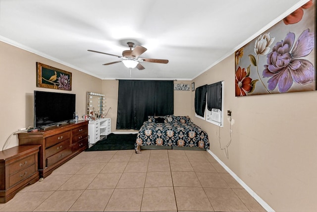 tiled bedroom featuring ceiling fan and ornamental molding