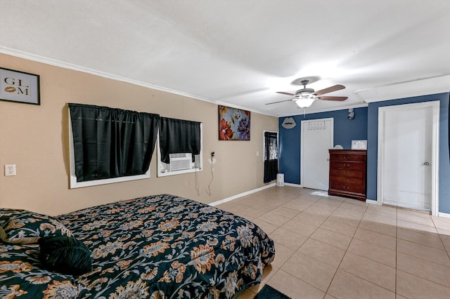 tiled bedroom with ceiling fan, cooling unit, and crown molding